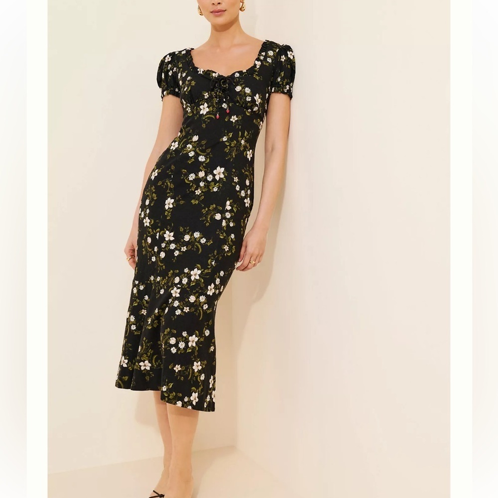 Maeve Linen Blend Puff- Sleeve Sweetheart Midi Dress